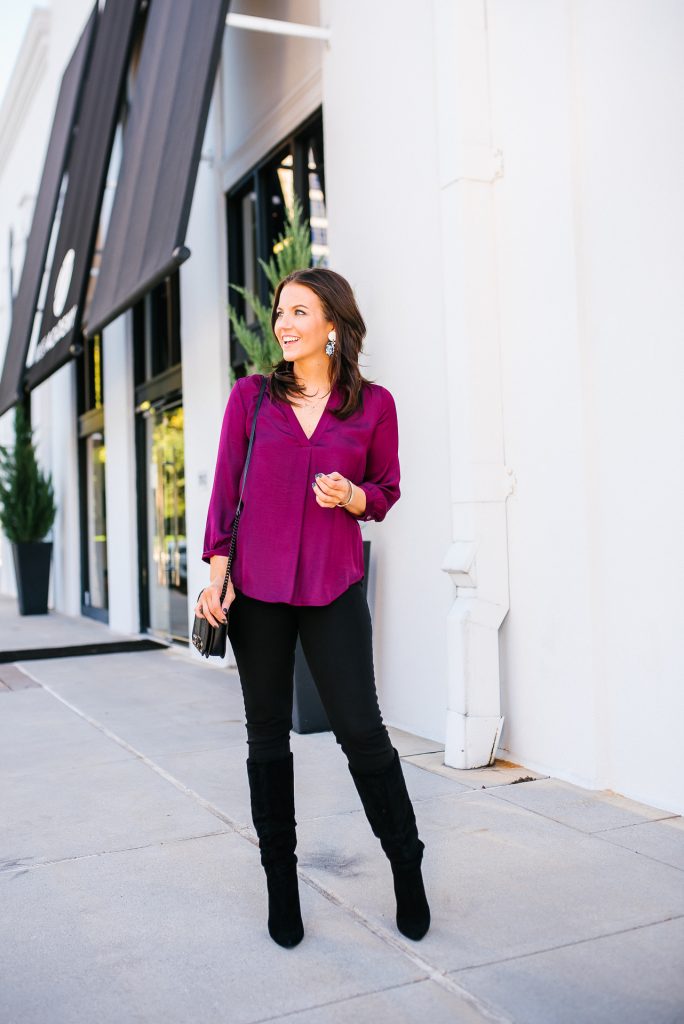 fall outfit | dark pink blouse | black suede boots | Affordable Fashion Blog Lady in Violet