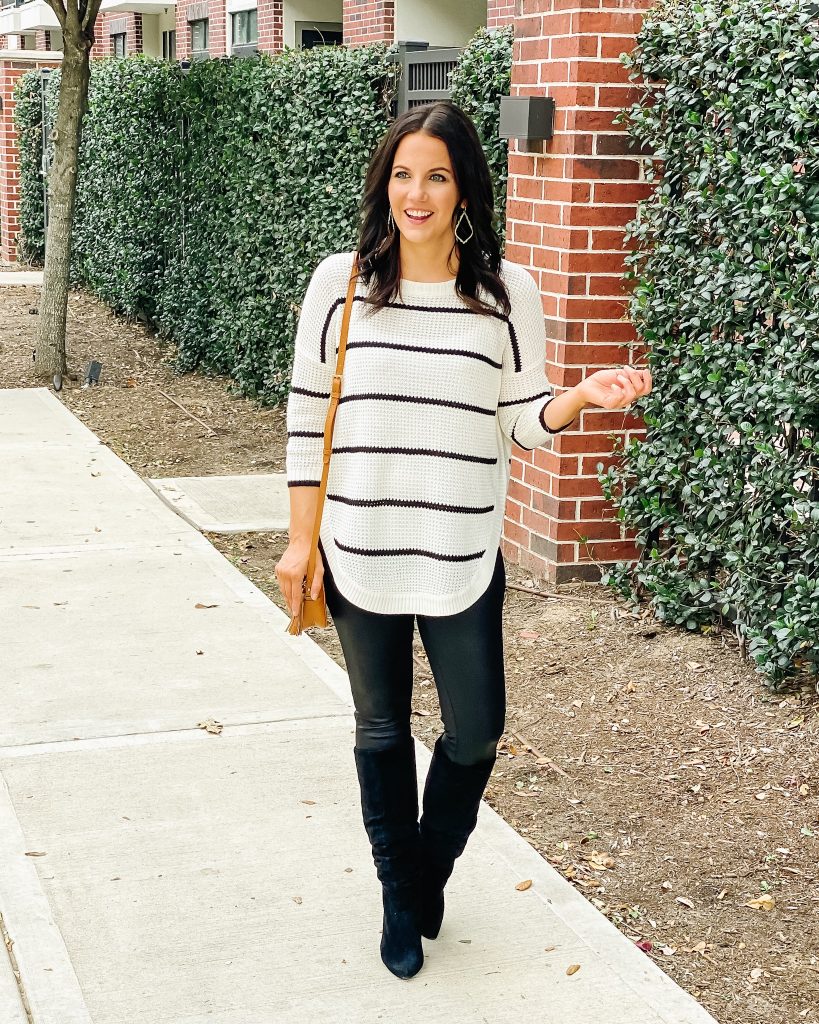 holiday outfit | striped tunic sweater | faux leather leggings | Affordable Fashion Blog Lady in Violet