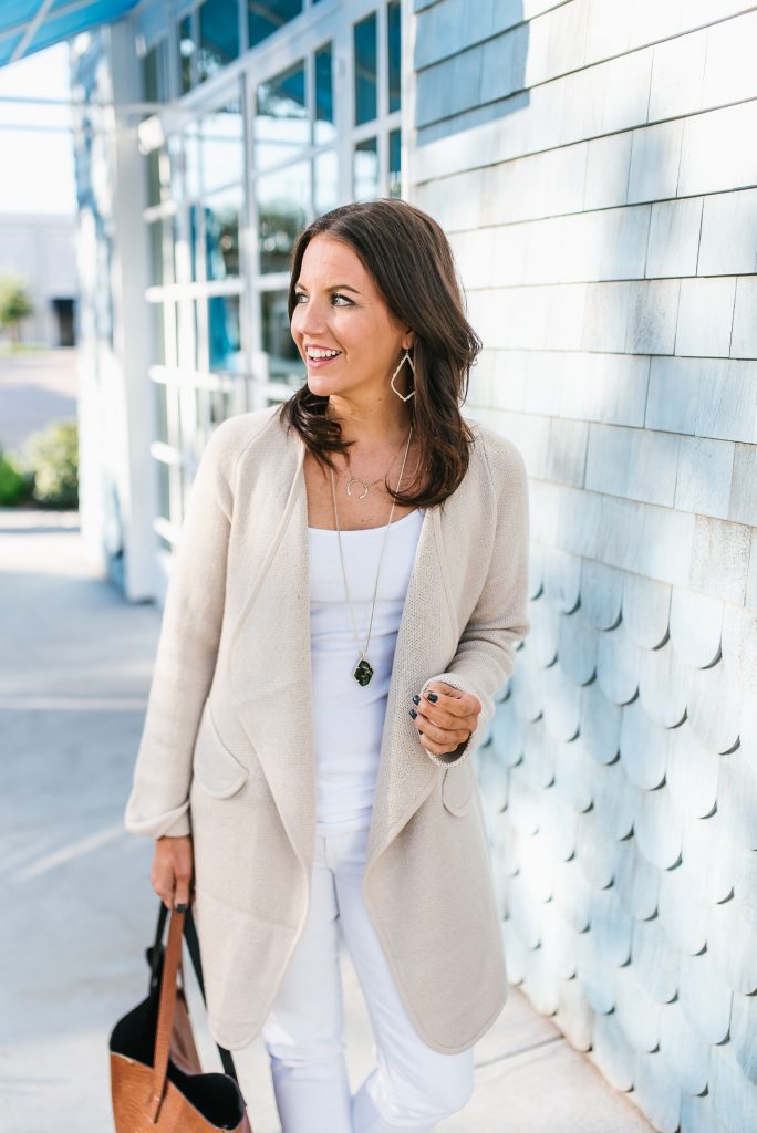 casual outfit | beige drapey cardigan | green stone necklace | Everyday Fashion Blog Lady in Violet