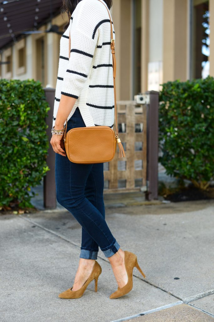 casual fall outfit | brown suede heels | tan leather handbag | Petite Fashion Blogger Lady in Violet