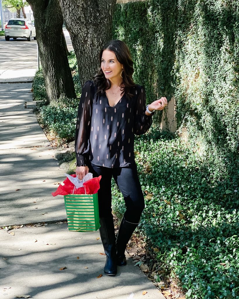 holiday party outfit | gold and black metallic top | tall boots | Houston Fashion Blog Lady in Violet