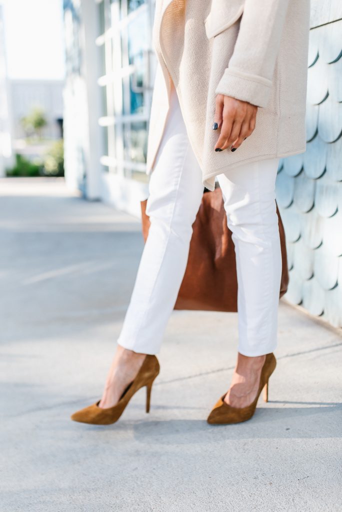 how to wear winter white outfit | tan suede heels | Petite Fashion Blog Lady in Violet