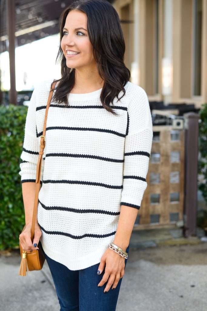 casual style | black white striped sweater | gold bracelets | Houston Fashion Blogger Lady in Violet