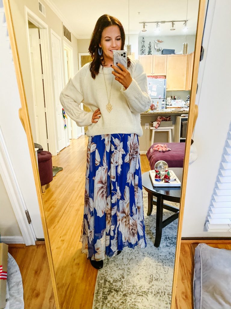 winter work outfit | ivory sweater | blue floral maxi skirt | Everyday Fashion Blog Lady in Violet