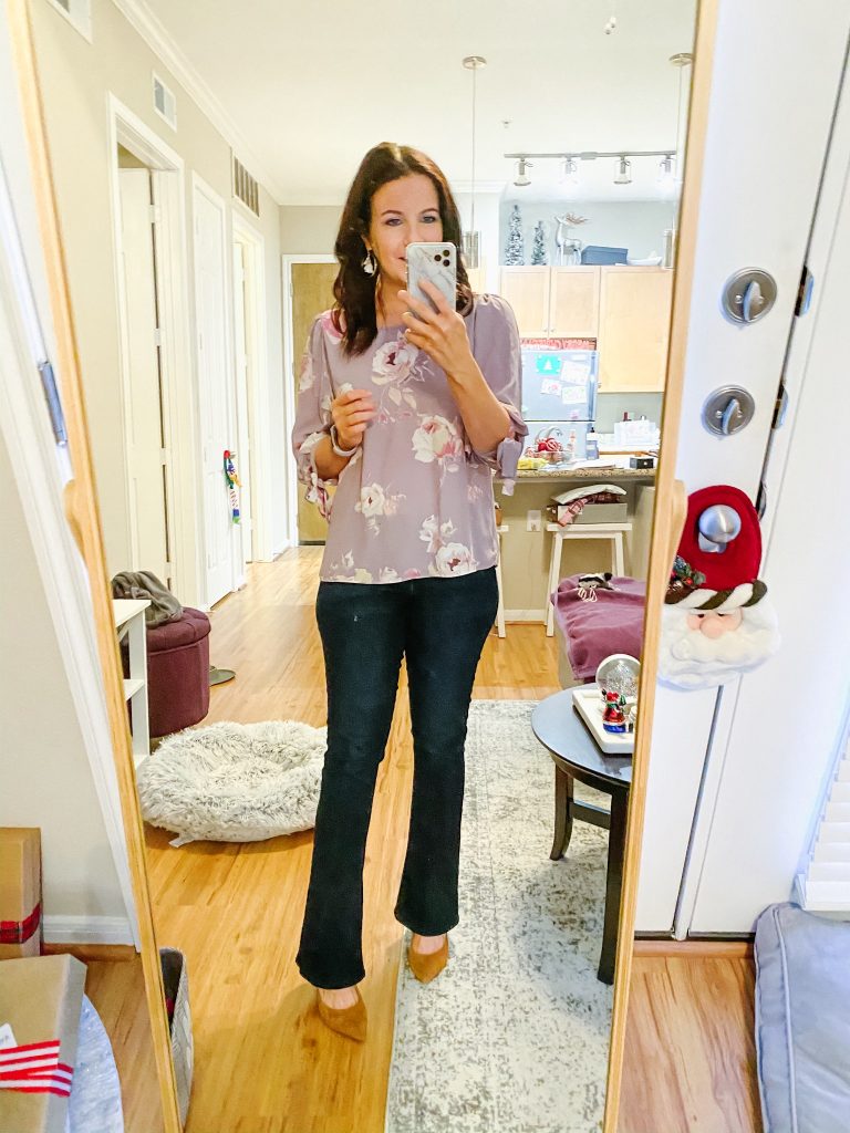 business casual outfit | pastel floral blouse | flared bootcut jeans | Texas Fashion Blog Lady in Violet