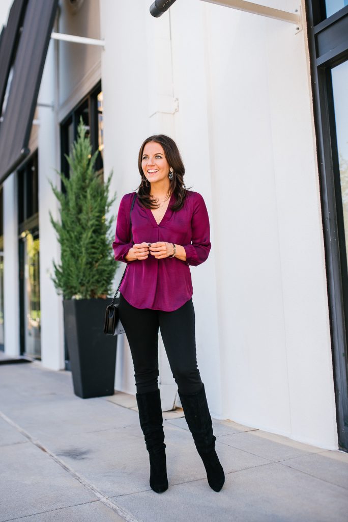 fall outfit | jewel tone silk top | black denim | Popular Fashion Blogs Lady in Violet