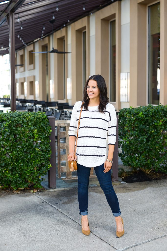 casual weekend outfit | 3/4 sleeve sweater | tan suede heels | Texas Fashion Blog Lady in Violet