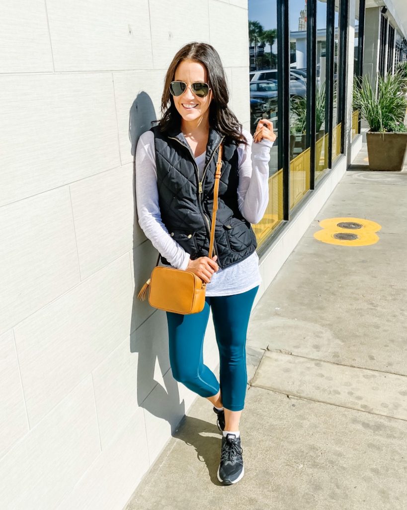 athleisure outfit | teal leggings | black quilted vest | Casual Fashion Blog Lady in Violet
