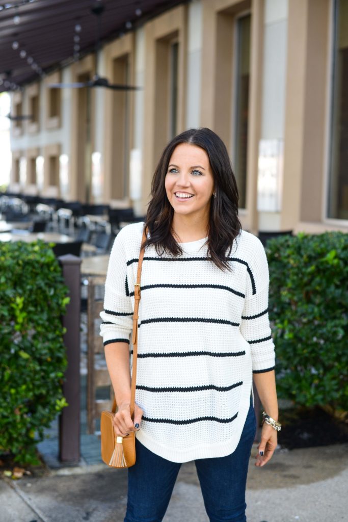 fall casual outfit | striped tunic sweater | tan leather crossbody bag | Popular Fashion Blog Lady in Violet