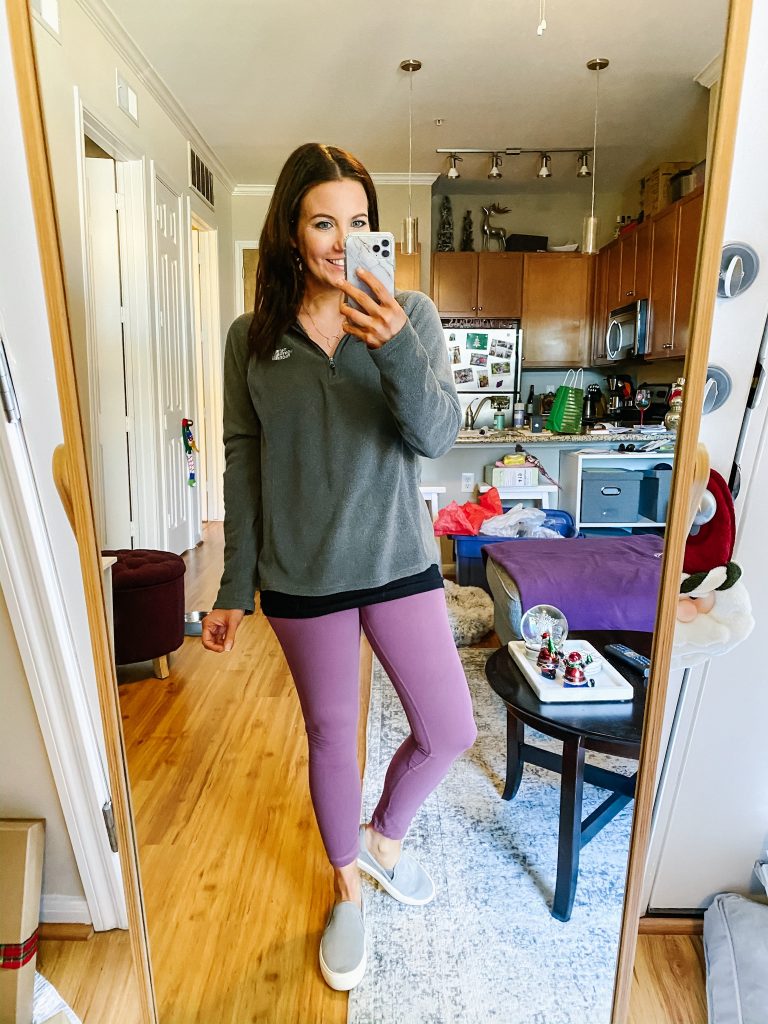 comfy travel outfit | pink leggings | gray fleece pullover | Popular Fashion Blog Lady in Violet