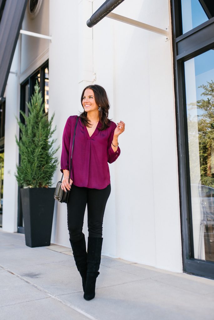 fall outfit | dark pink top | black jeans | Favorite Fashion Blog Lady in Violet