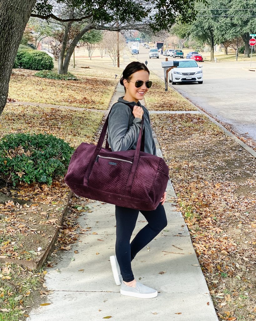 road trip travel outfit | dark purple weekender bag | gray slip on sneakers | Affordable Fashion Blog Lady in Violet
