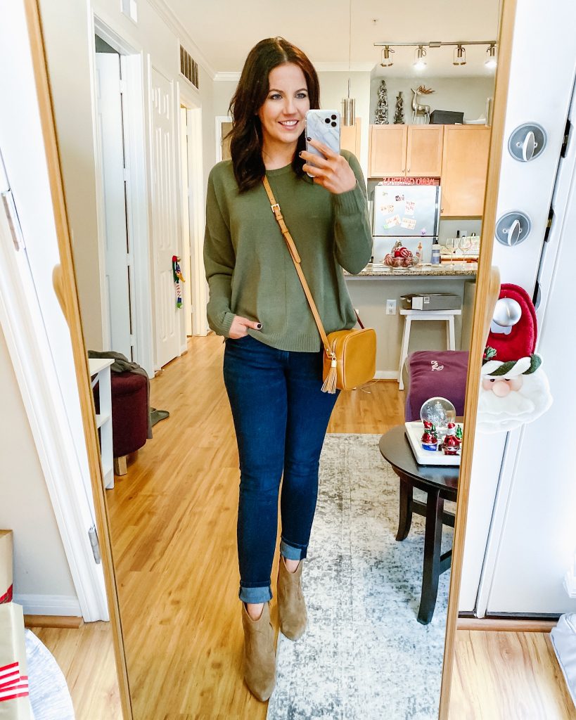 casual winter outfit | olive green sweater | brown booties | Everyday Fashion Blog Lady in Violet