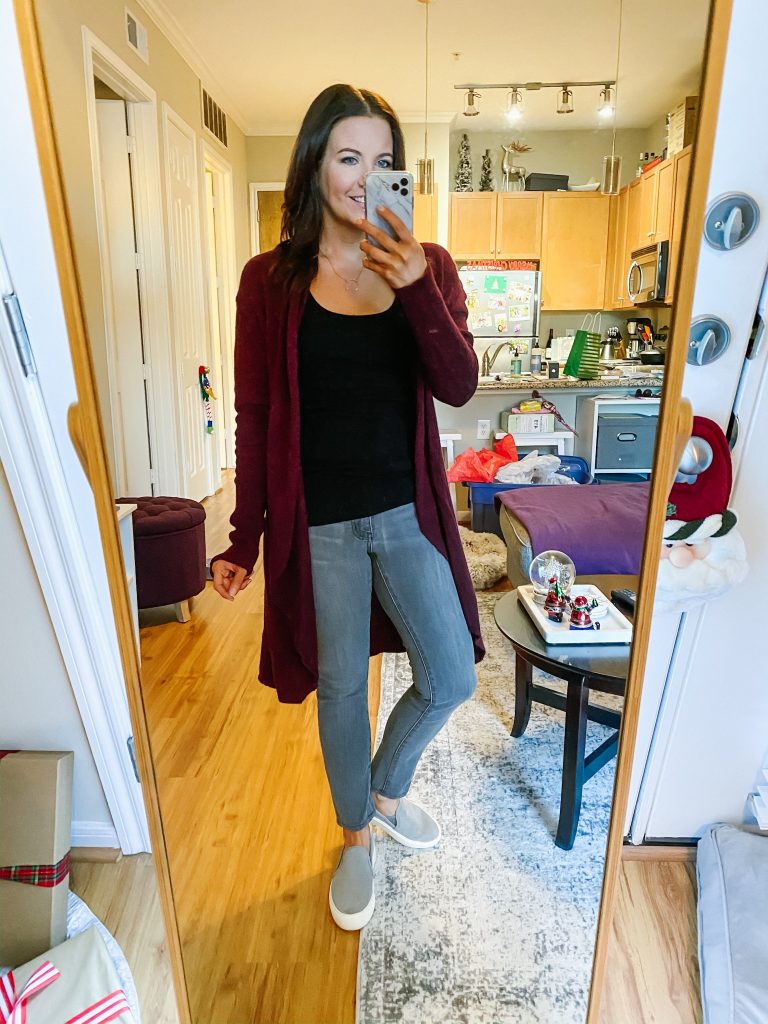 casual outfit | maroon long cardigan | gray jeans | Affordable Style Blogger Lady in Violet