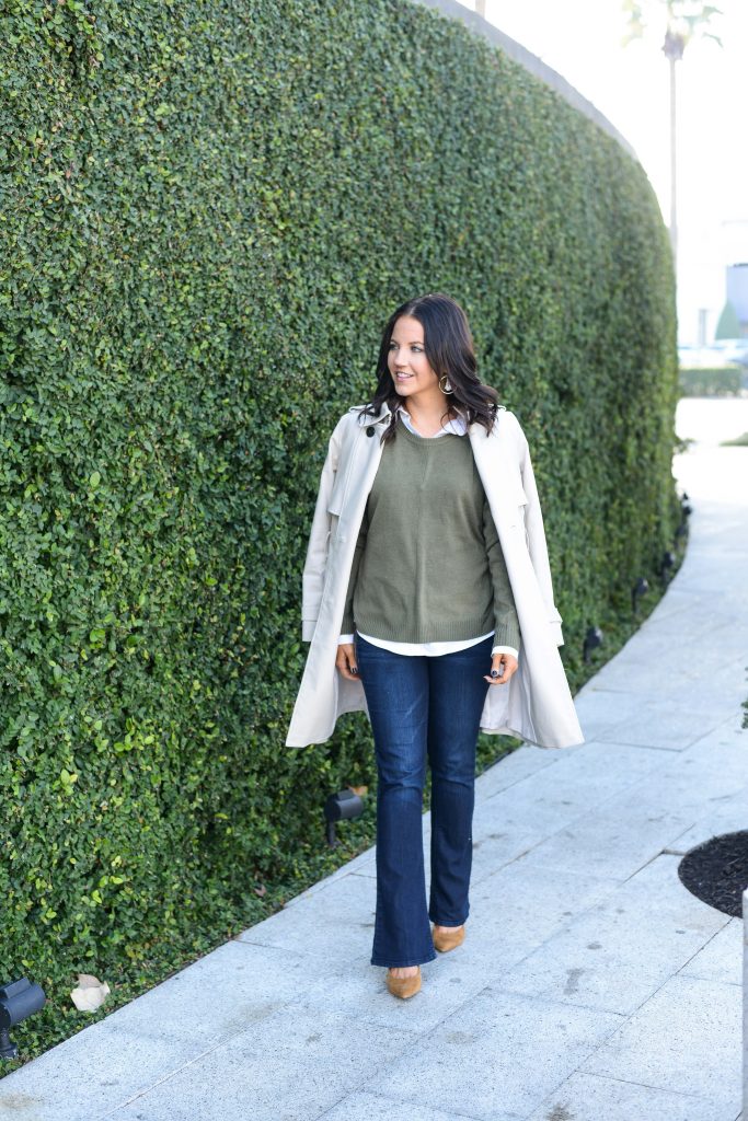 winter outfit | classic trench coat over green sweater | Affordable Fashion Blog Lady in Violet