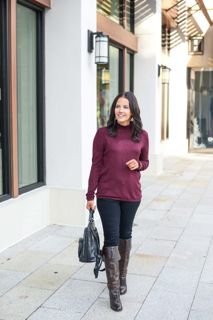 winter outfit | maroon sweater | brown tall boots | Affordable Fashion Blog Lady in Violet