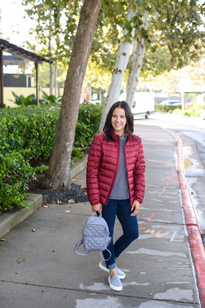 winter outfit | red puffer coat | striped turtleneck top | Affordable Fashion Blog Lady in Violet