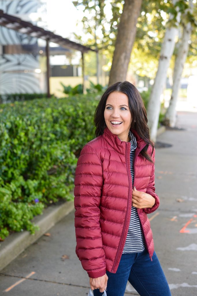 cozy winter outfit | red puffy coat | layered over striped top | Houston Fashion Blogger Karen Kocich