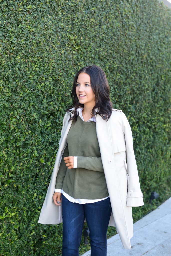 layered outfit | olive green sweater over a white button down blouse with trench coat | Texas Fashion blogger Lady in Violet