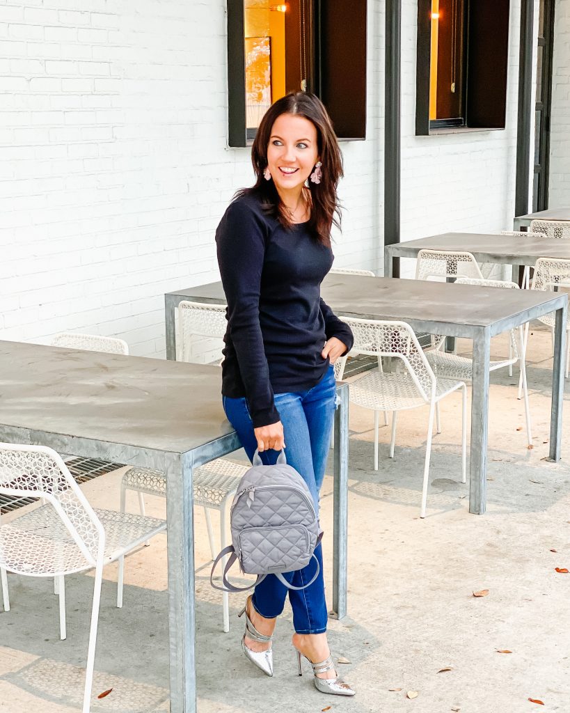 casual outfit | light gray mini backpack | metallic silver heels | Houston Fashion Blogger Lady in Violet