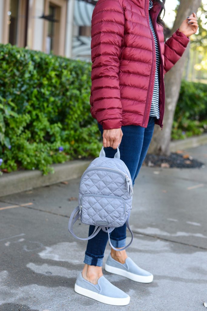 casual winter outfit | mini gray quilted backpack | slip on ugg sneakers | Petite Fashion Blog Lady in Violet