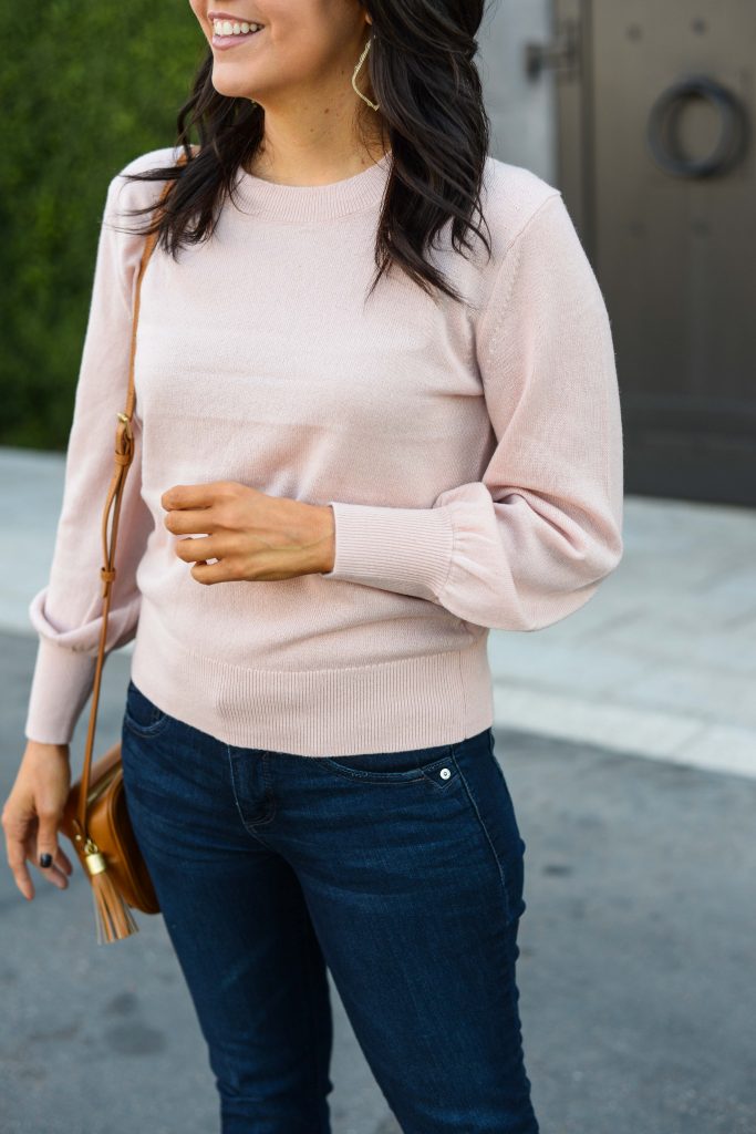 fall outfit | pastel pink blouson sleeves sweater | gold drop earrings | Casual Fashion Blog Lady in Violet