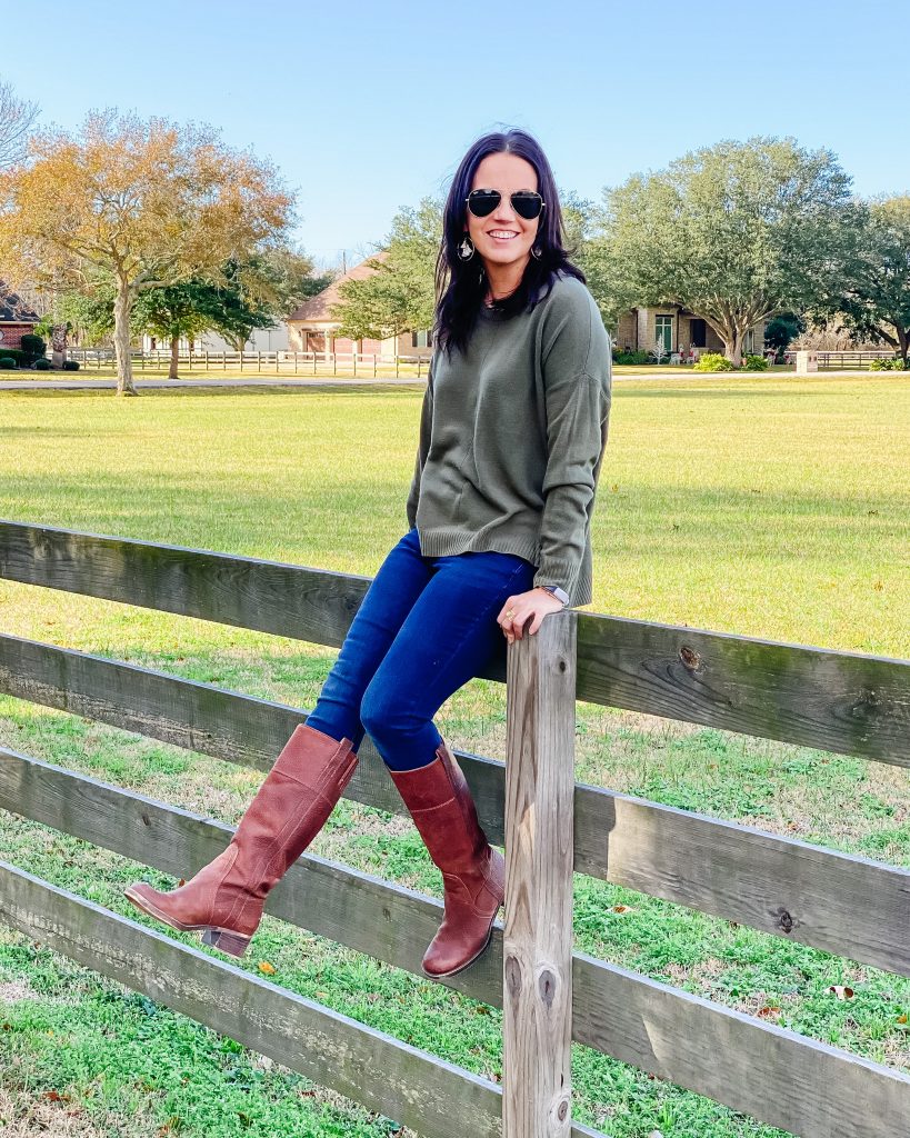 casual fall outfit | green sweater | brown boots | affordable fashion blogger Lady in Violet