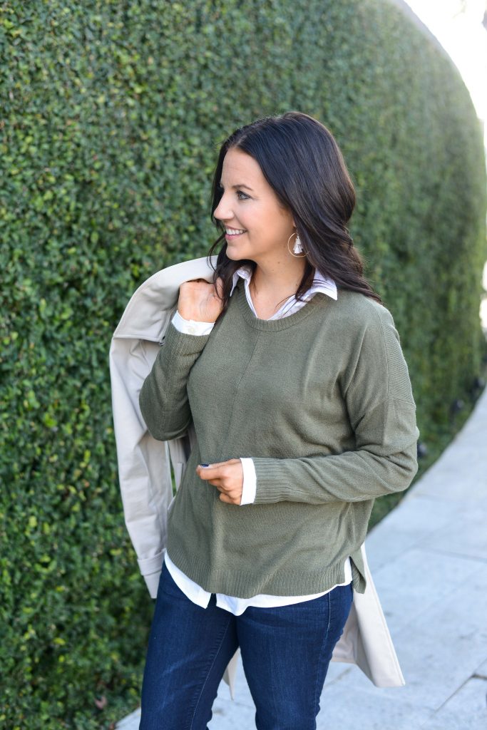 layered fall outfit | olive green sweater over white button down blouse | Everyday Fashion Blog Lady in Violet