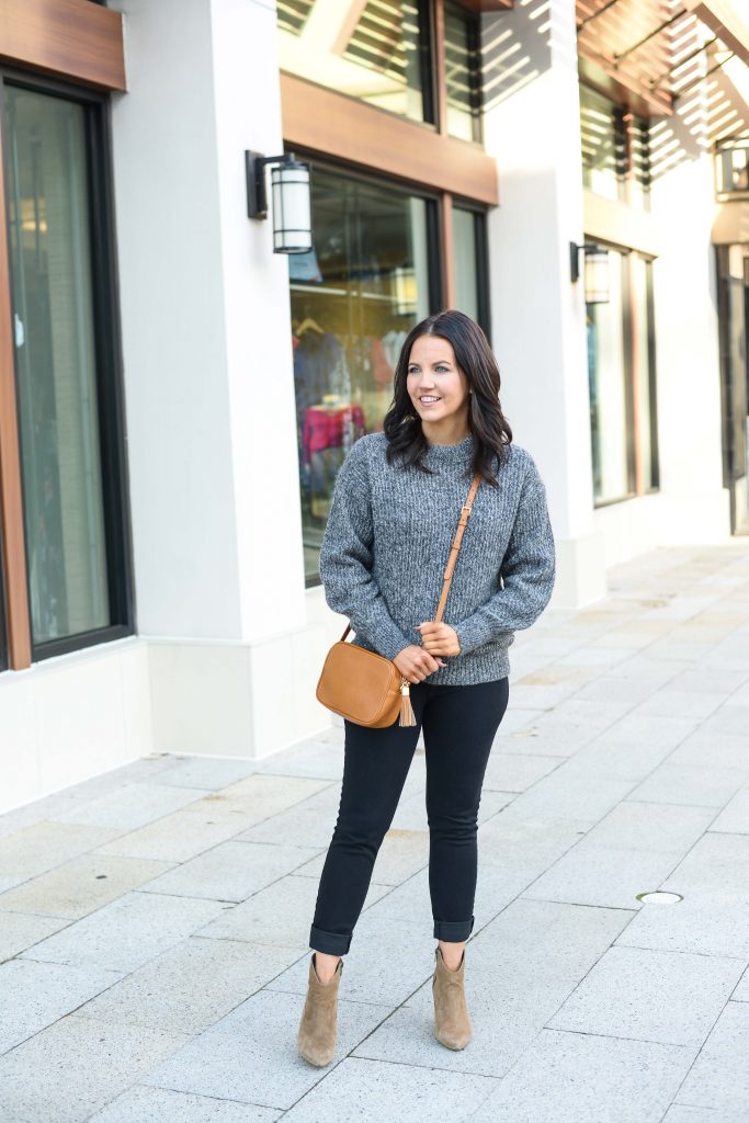 winter outfit | dark gray sweater | brown suede booties | Petite Fashion Blog Lady in Violet