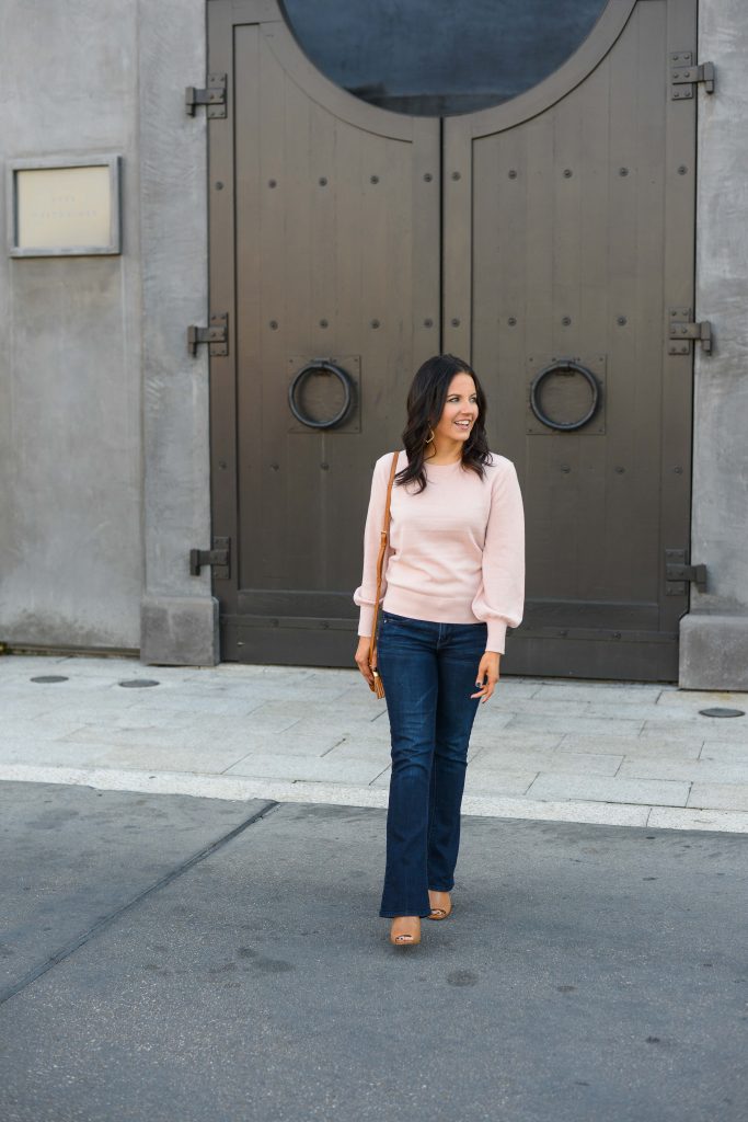 winter outfit | light pink cashmere sweater | cognac brown dress booties | Everyday Fashion Blog Lady in Violet