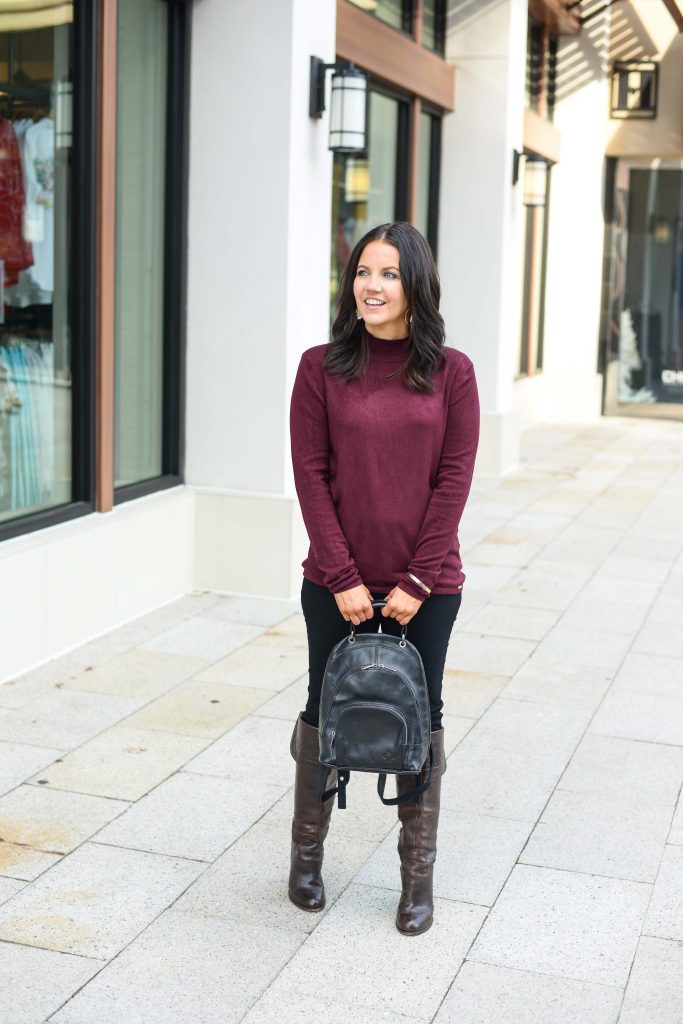 casual fall outfit | burgundy thin sweater | black leather backpack | Everyday Style Blog Lady in Violet