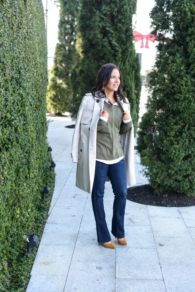 casual winter outfit | classic trench coat with bootcut jeans | Popular Fashion Blog Lady in Violet