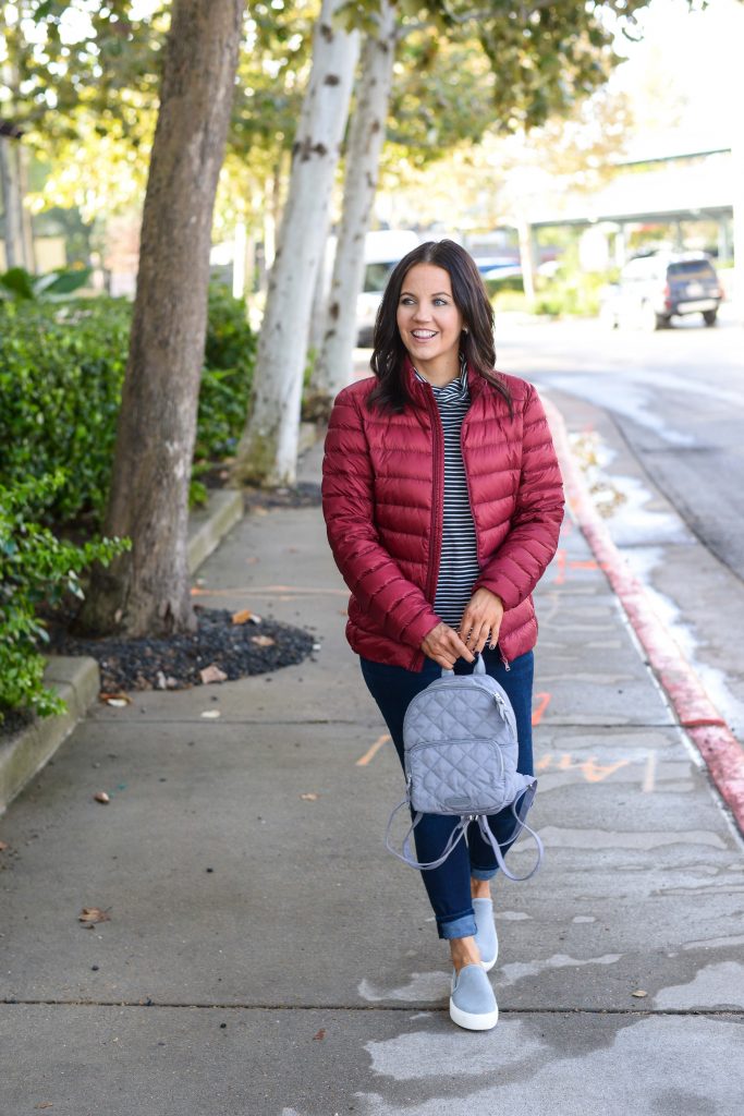 winter outfit | maroon puffy jacket | small gray backpack | Casual Fashion Blog Lady in Violet