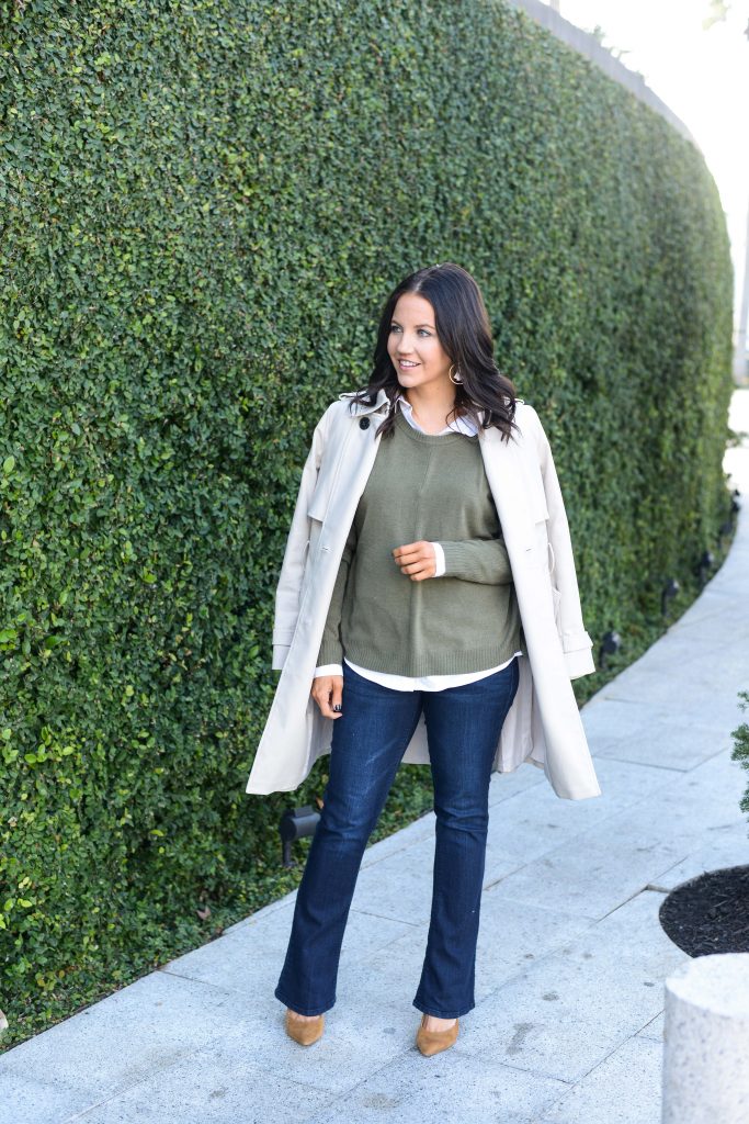 casual fall outfit | beige trench coat with olive green sweater | Casual Fashion Blog Lady in Violet