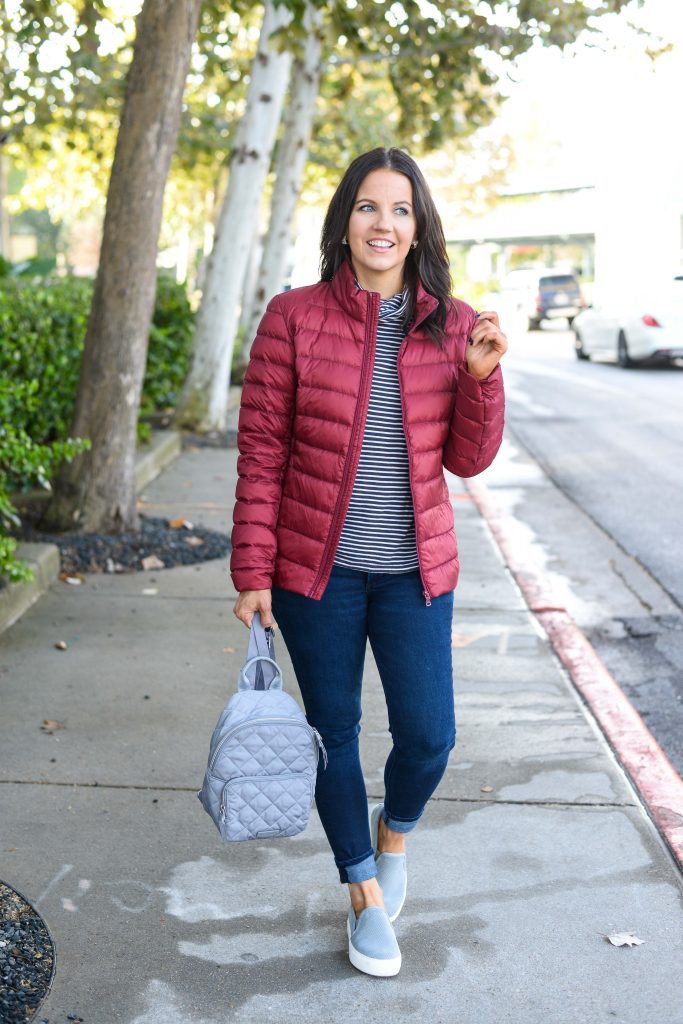 winter casual outfit | maroon down coat | gray slip on sneakers | Texas Fashion Blog Lady in Violet