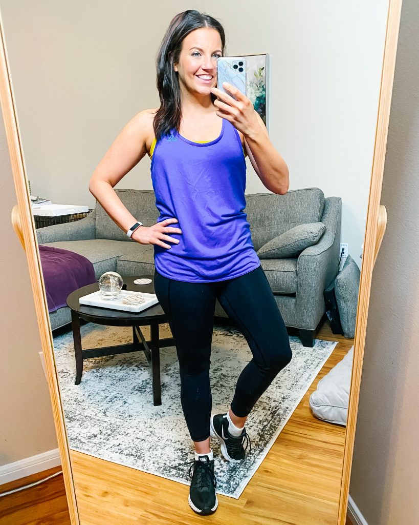 workout outfit | blue tank top with black leggings | Fitness Blogger Lady in Violet