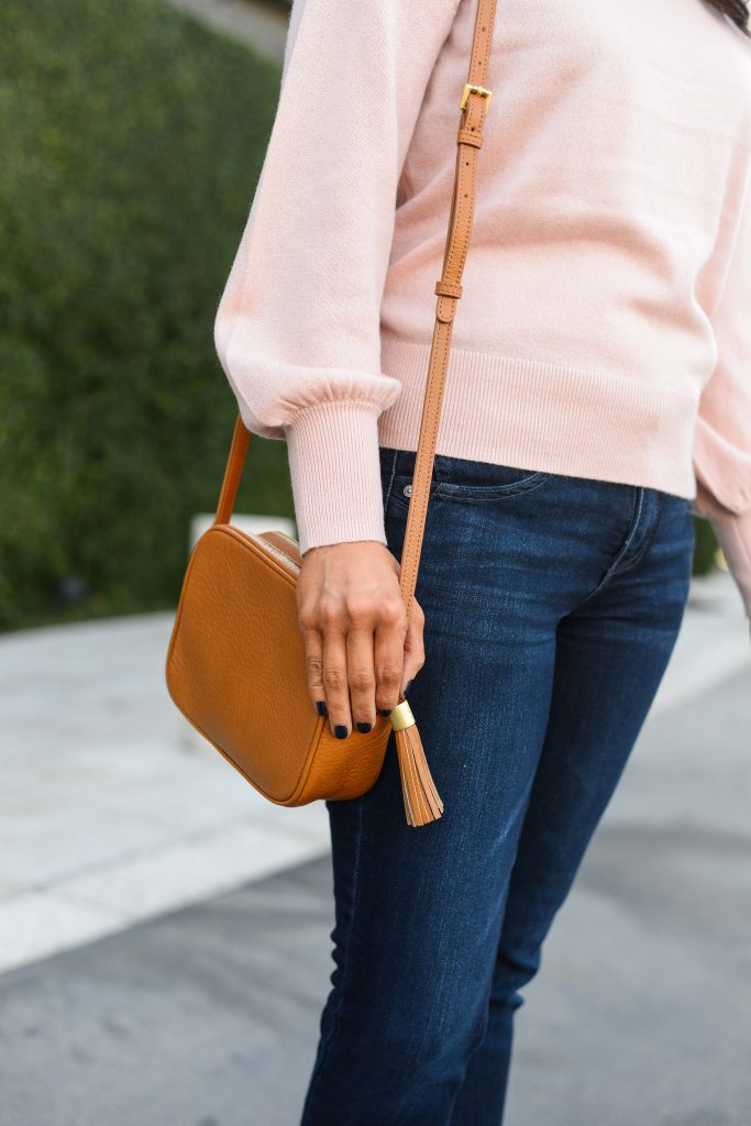 fall outfit | light pink blouson sleeve sweater | tan brown crossbody bag | Popular Fashion Blog Lady in Violet