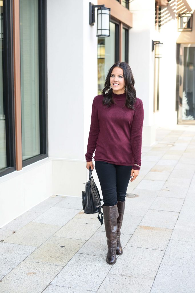 casual fall outfit | burgundy sweater | brown leather boots | popular fashion blog Lady in Violet