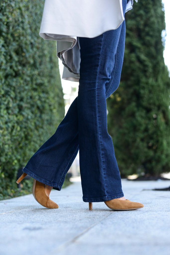 fall outfit | bootcut flared jeans with tan suede heels | Houston Fashion Blog Lady in Violet