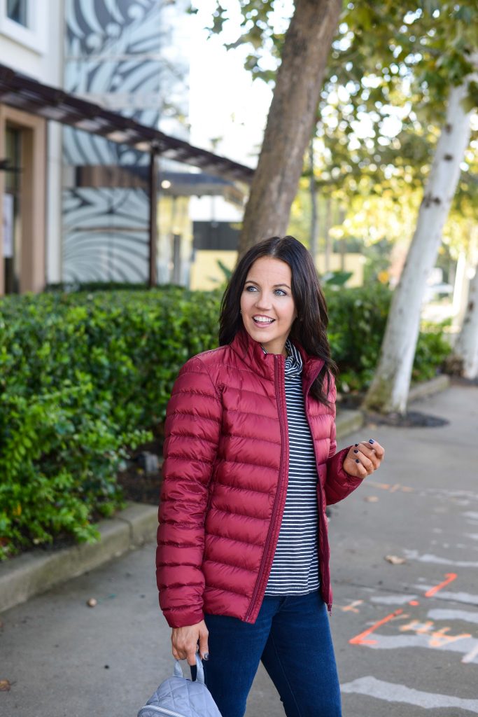 layered winter outfit | dark red coat | striped turtleneck top | Popular Fashion Blog Lady in Violet