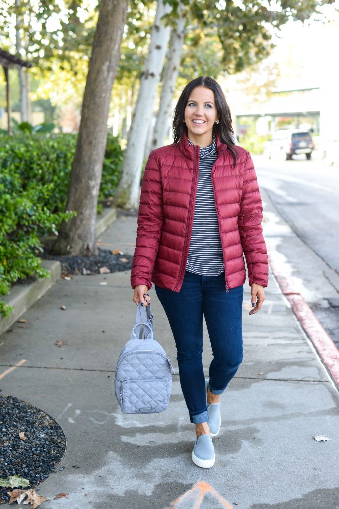 casual outfit | dark red jacket | blue skinny jeans | Personal Style Blog Lady in Violet