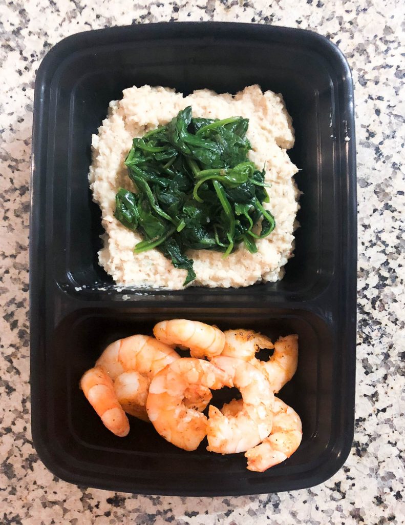 meal prep idea sauteed shrimp with savory oats and kale | lifestyle blog lady in violet