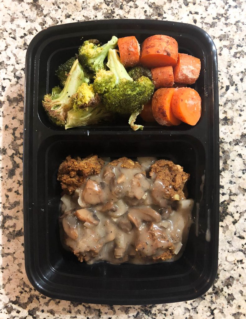 vegan lunch idea lentil meatballs with mushroom sauce and oven roasted vegetables | lady in violet blog