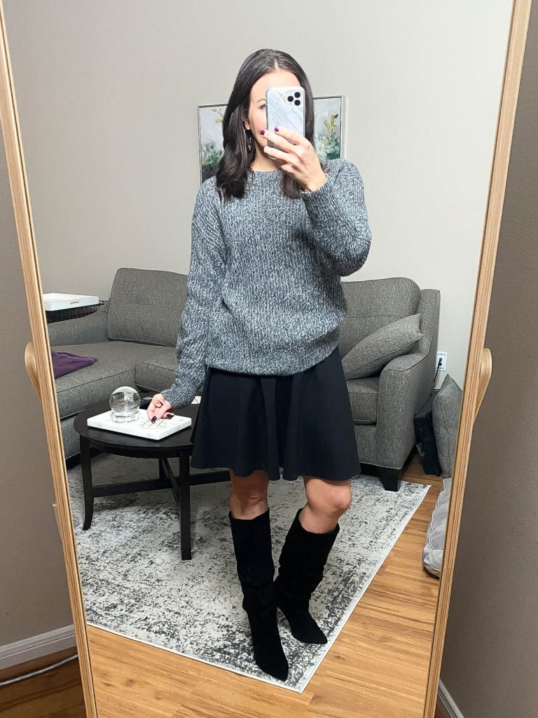 winter work outfit | sweater and skirt combo with black boots | Affordable Fashion Blogger Lady in Violet