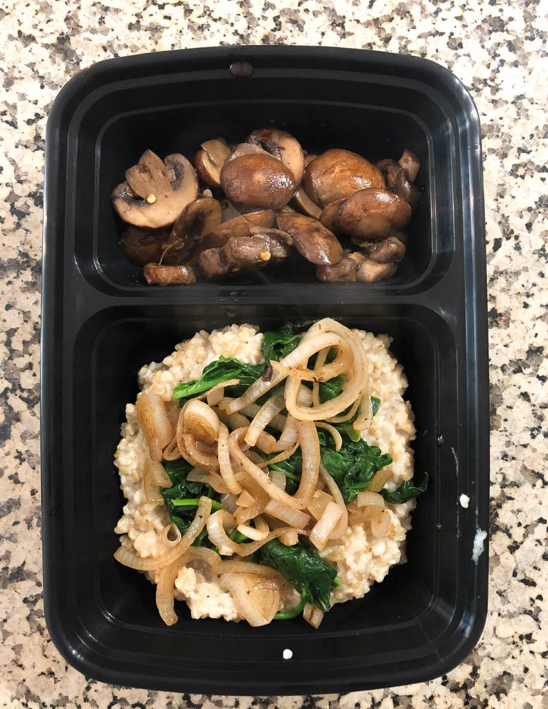 plant based lunch idea savory oats with kale onions and mushrooms | lady in violet lifestyle blog