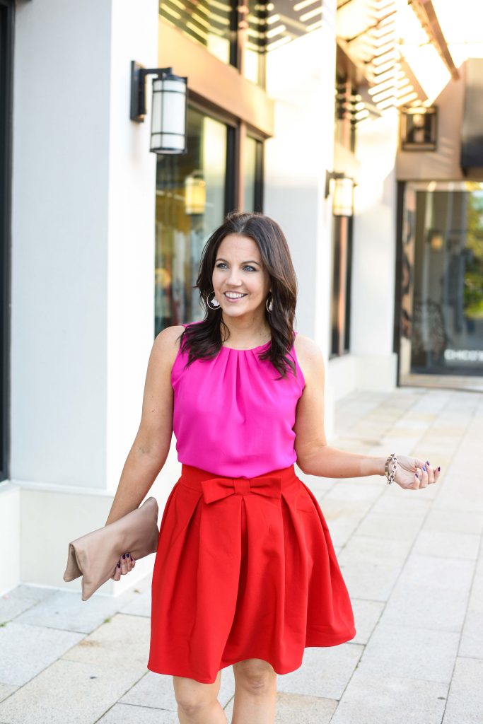 pink top red skirt