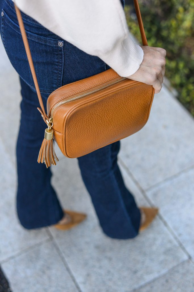 casual outfit | tan brown crossbody bag | dark blue denim | Houston Fashion Blog Lady in Violet