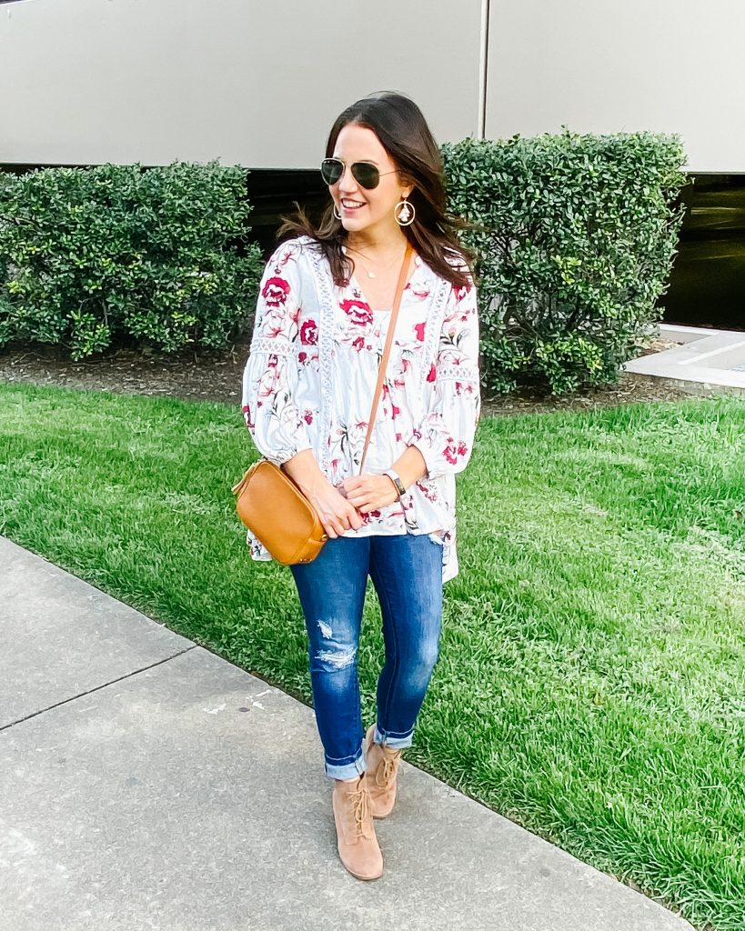 casual spring outfit | white floral tunic with distressed jeans | Everyday Fashion Blog Lady in Violet