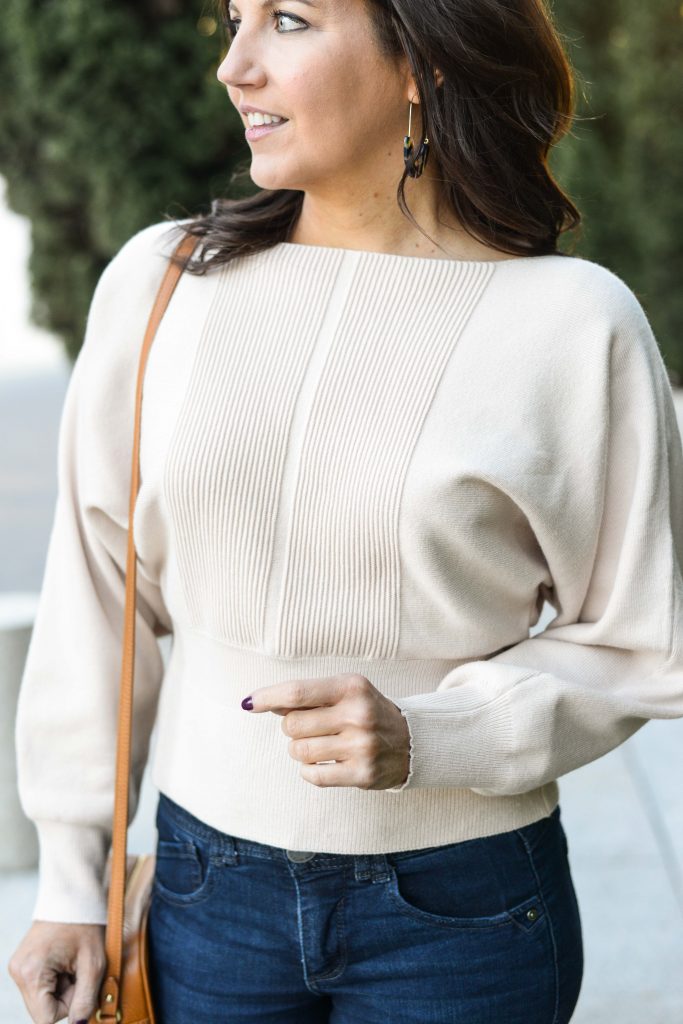 winter outfit | ivory batwing sweater | tortoise earrings | Casual Fashion Blog Lady in Violet