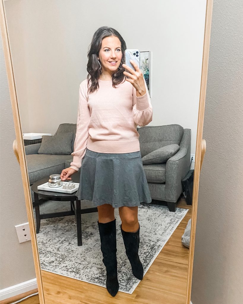 winter work outfit | pink cashmere sweater with gray short skirt | Attainable Style Blog Lady in Violet